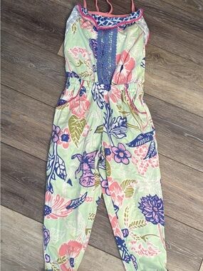 Matilda Jane Green Floral Jumpsuit with Pink and Navy Accents